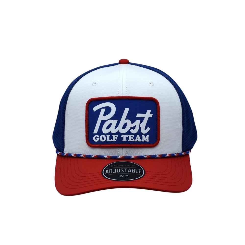 Pabst Blue Ribbon Beer PBR Golf Team Snapback Trucker Hat Cap Red White Blue NWT